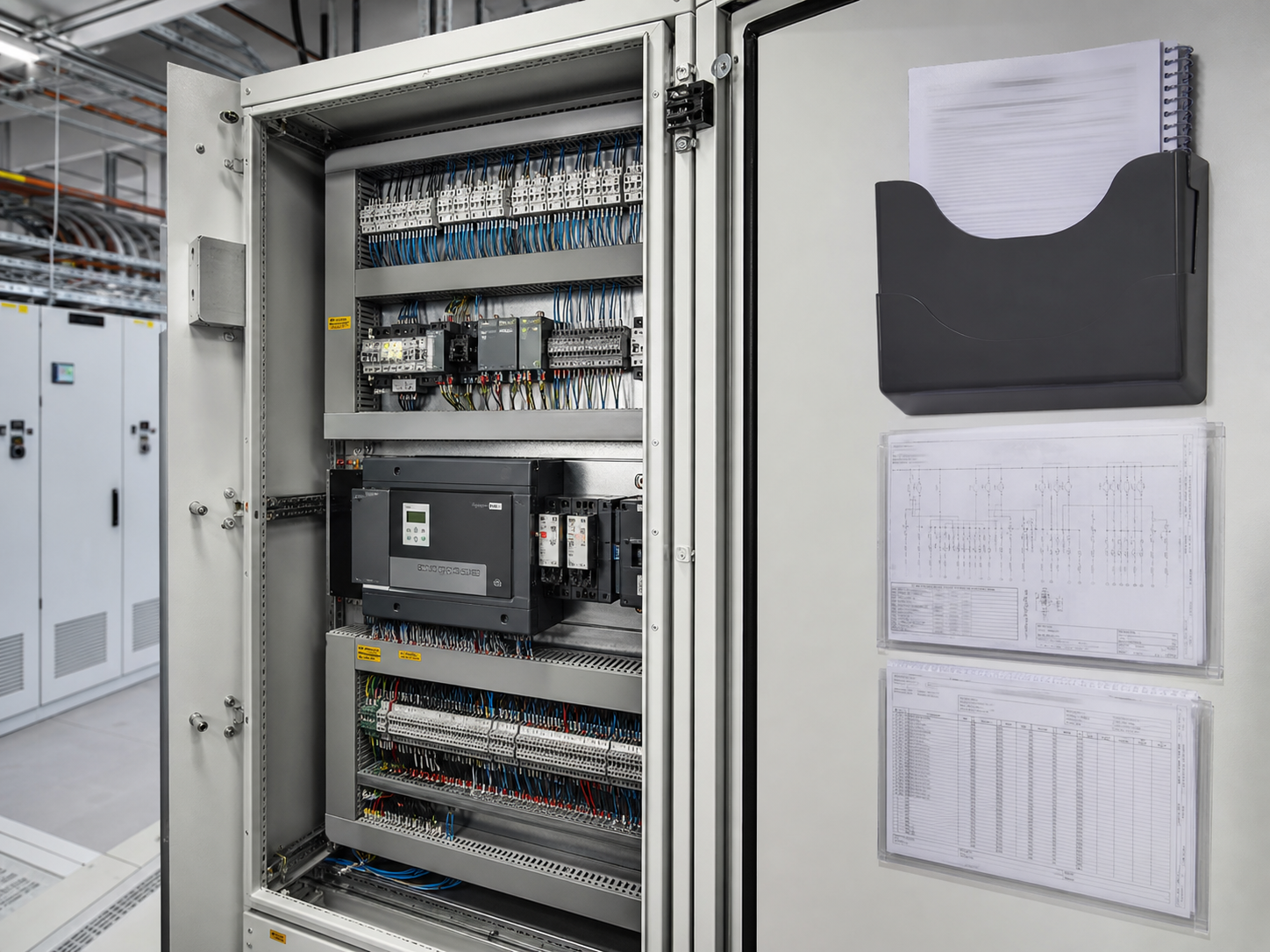 Open DC control cabinet with organized handover documents
