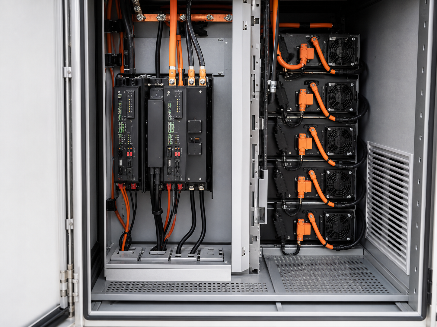 Energy-storage control cabinet interior with service access and cable routing