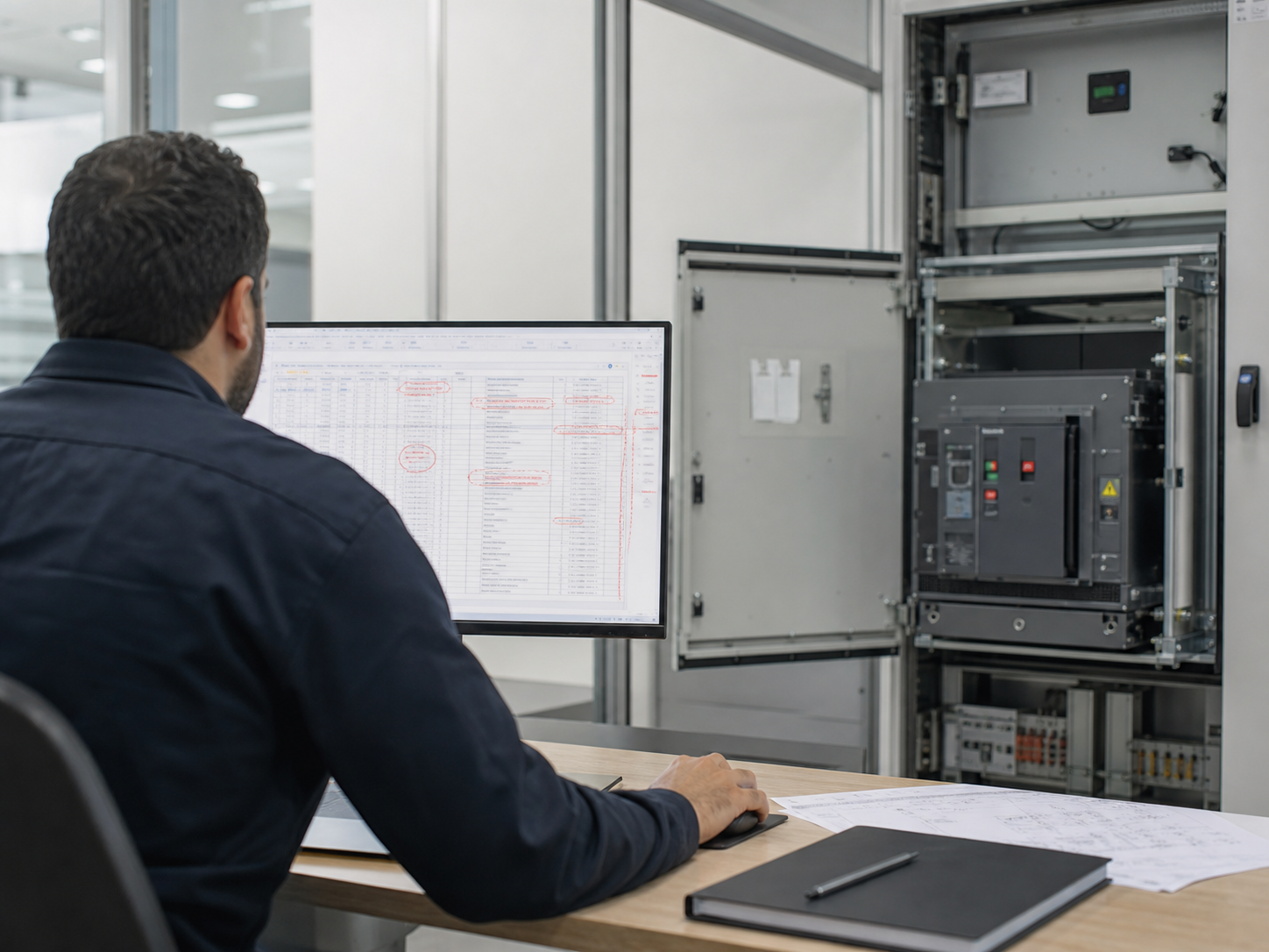 Low-voltage switchgear bill of materials reviewed beside an open cabinet