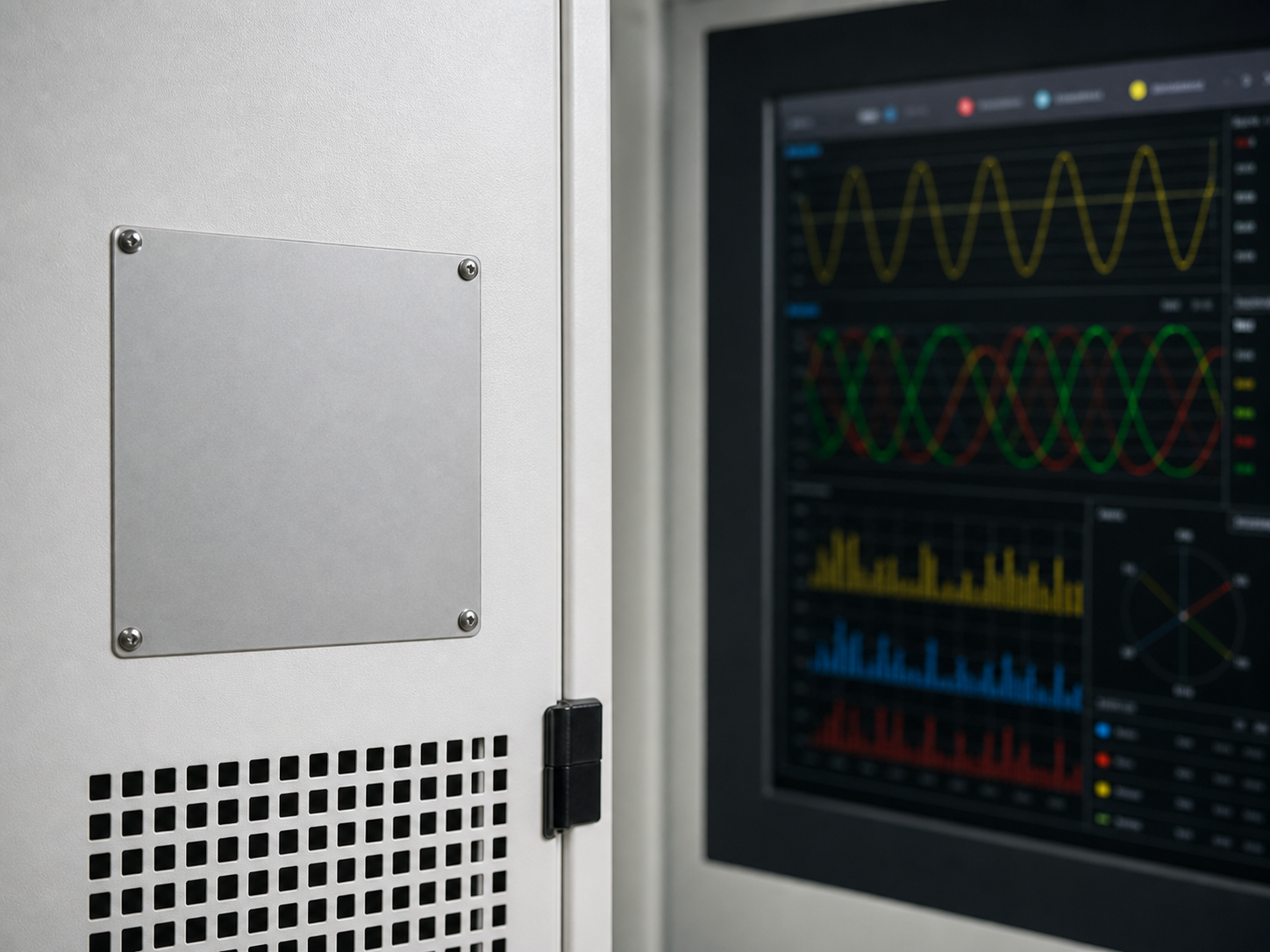 Power-quality cabinet and monitoring waveform reviewed together