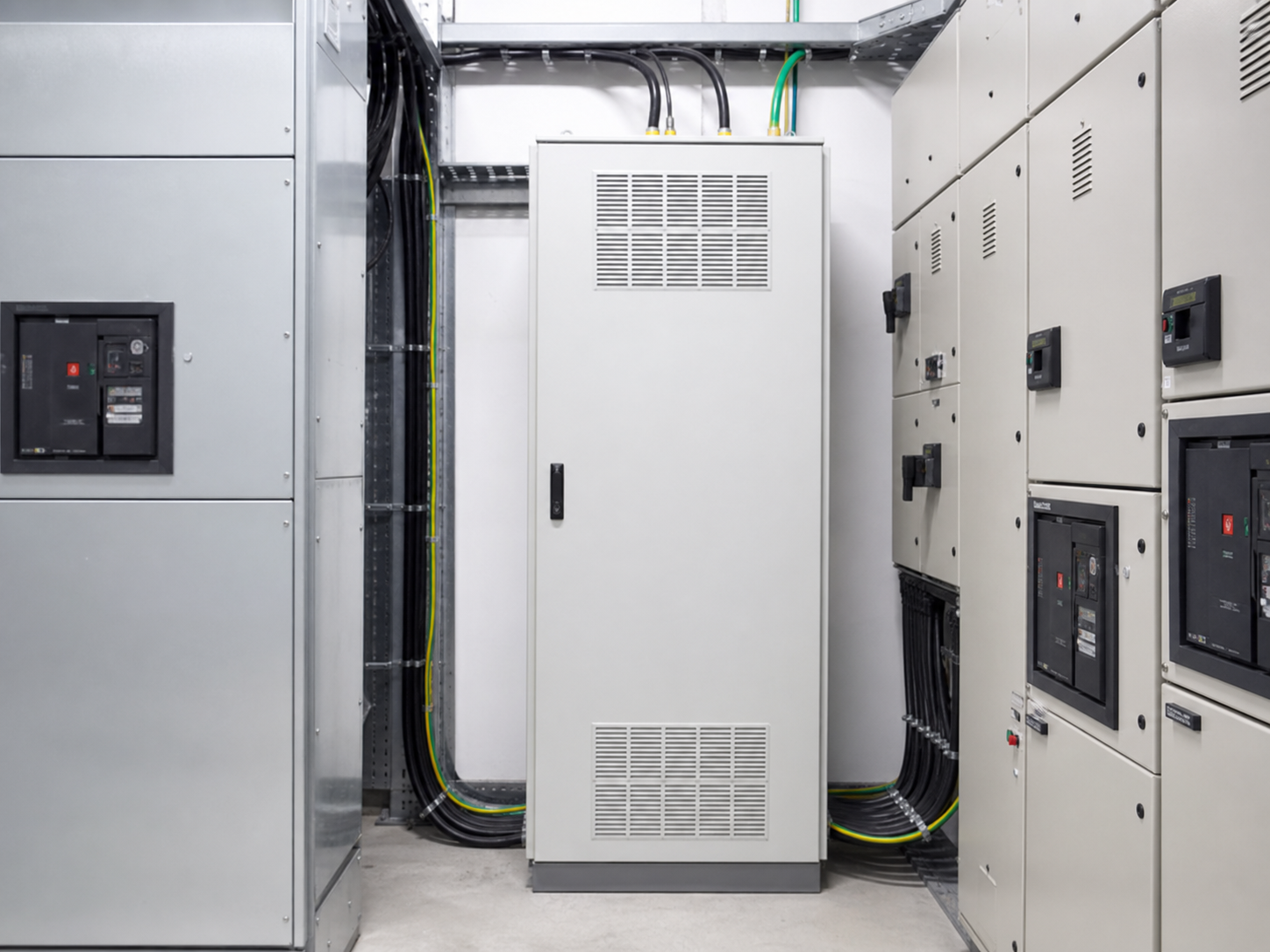 Power-quality compensation cabinet positioned in a retrofit electrical room