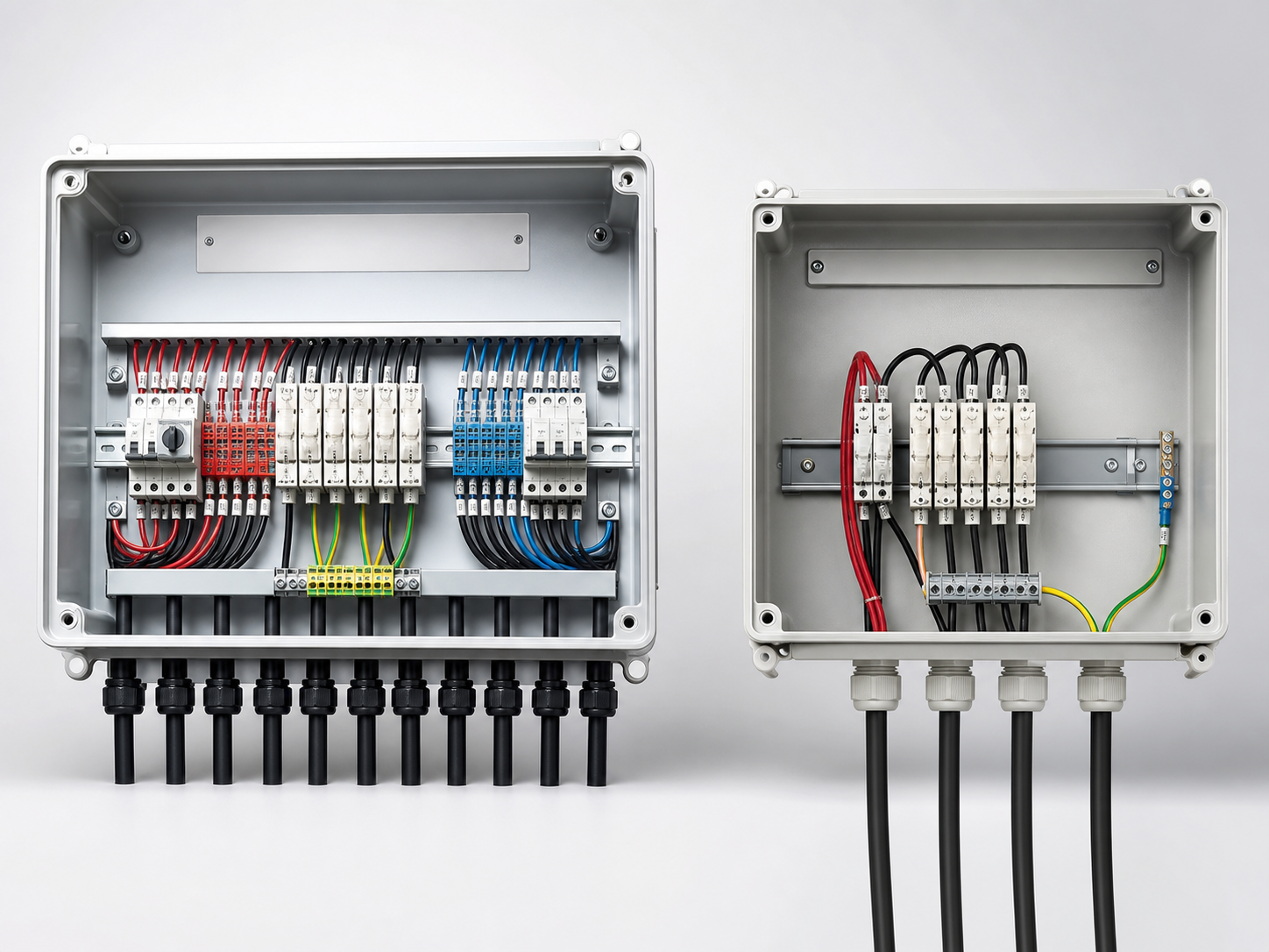 Custom and generic PV combiner enclosures compared in a clean studio