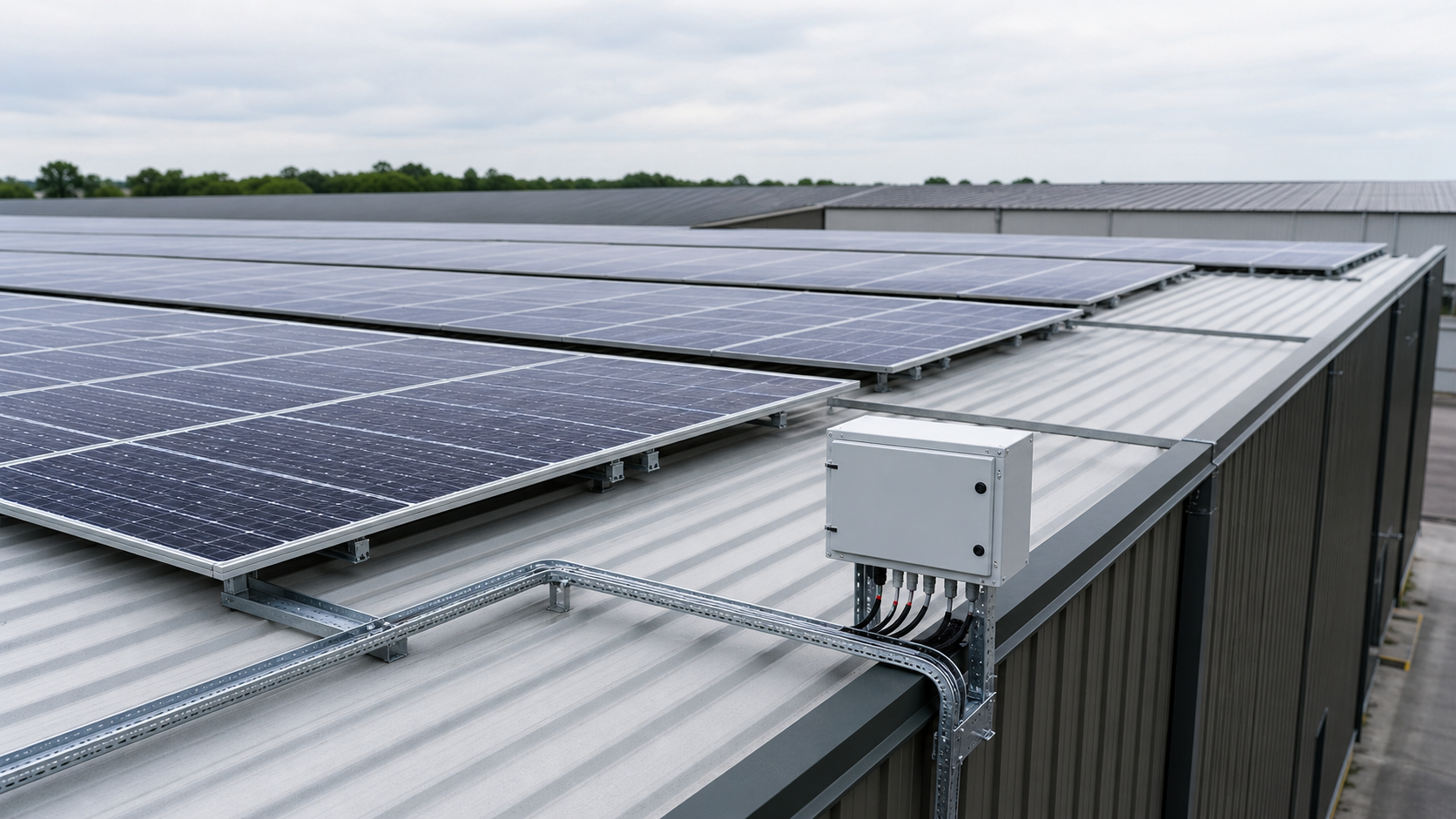 Solar PV combiner equipment installed on a commercial rooftop array