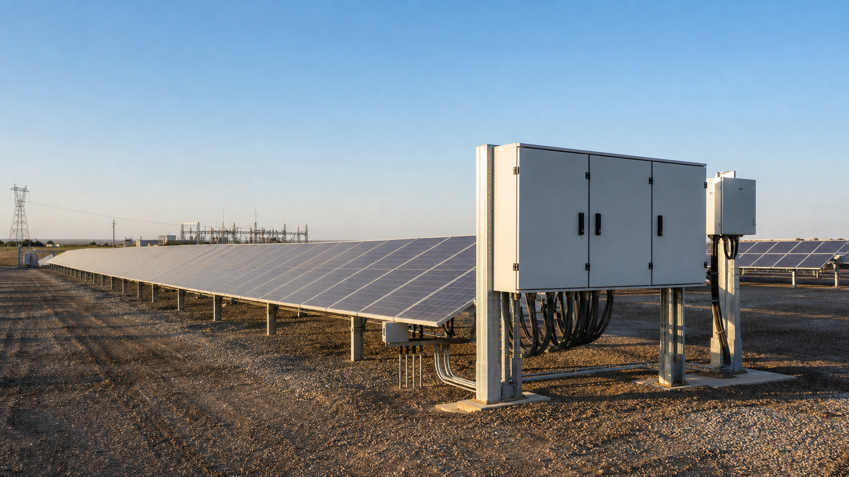 PV combiner equipment beside a utility-scale solar array
