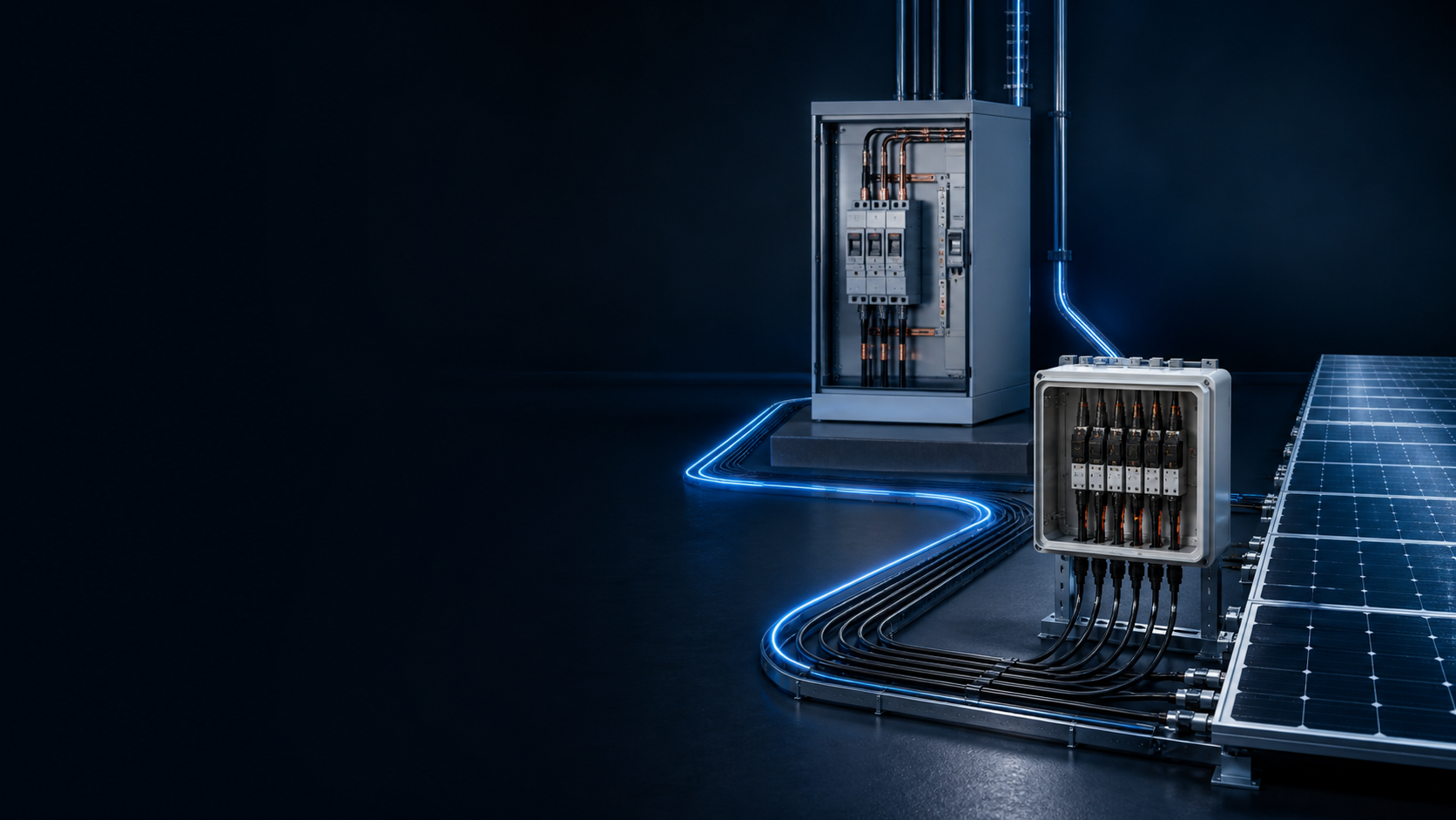 PV modules, DC combiner and low-voltage distribution equipment connected in a technical system