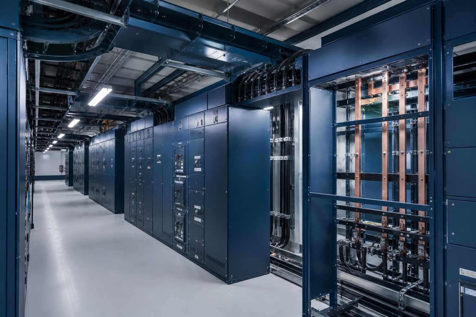 Industrial low-voltage switchgear with busbar and cable routing