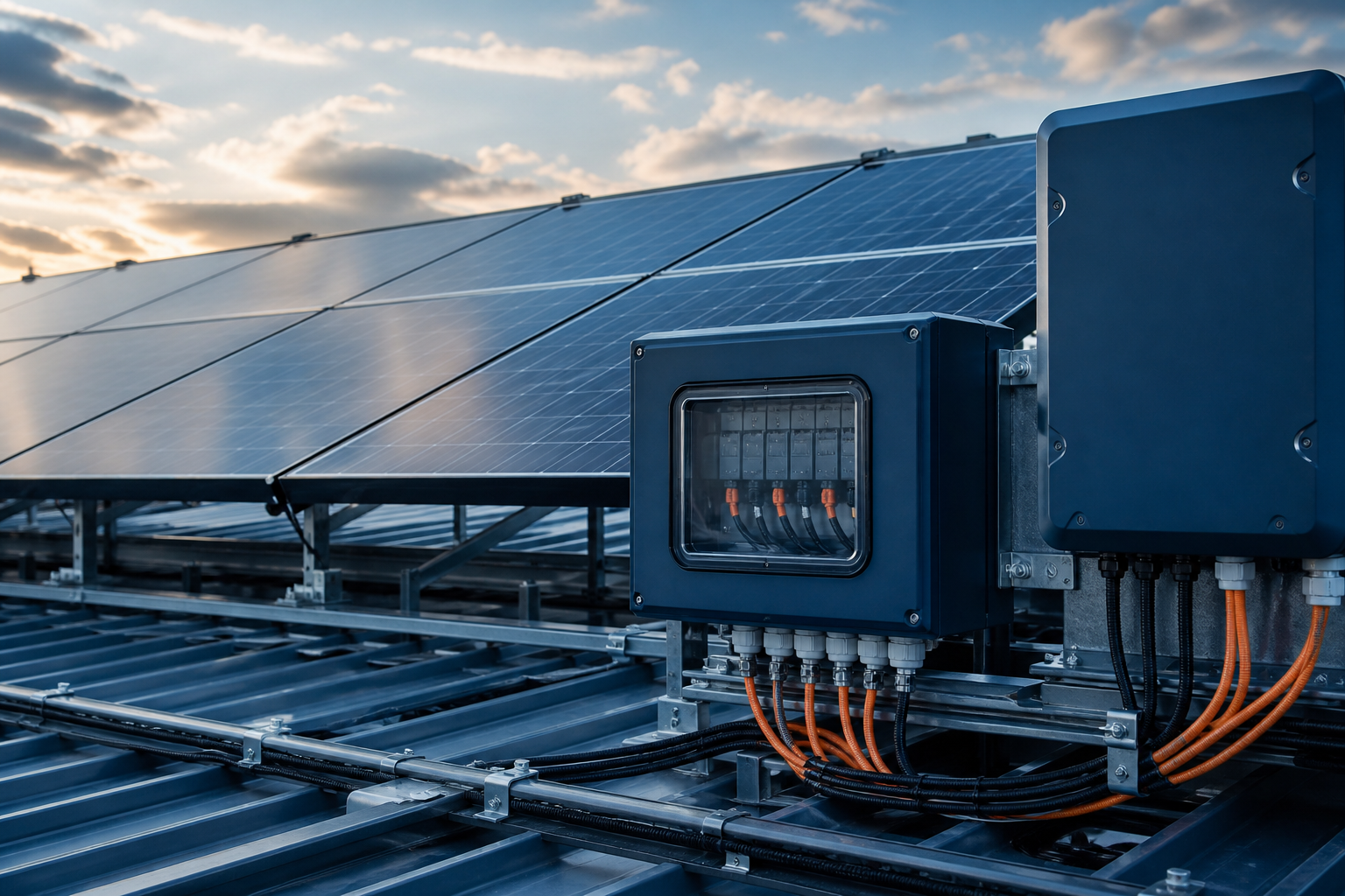 Solar PV array with DC collection and connection equipment
