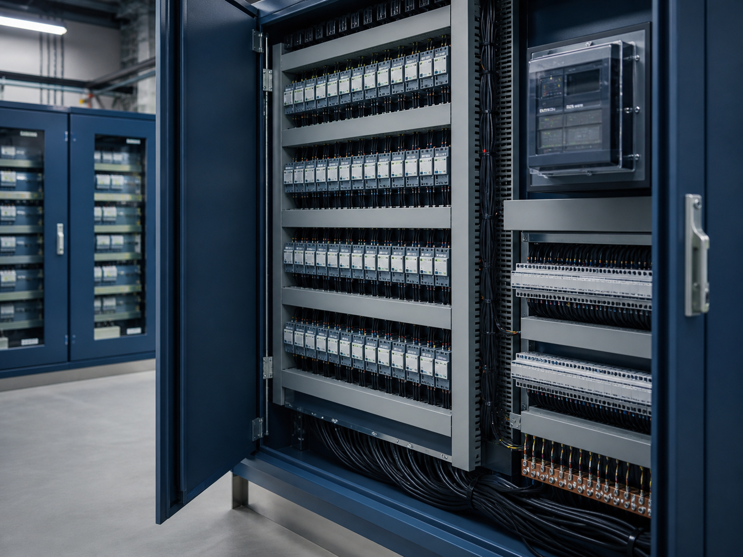 DC control and protection cabinet with organized relay equipment