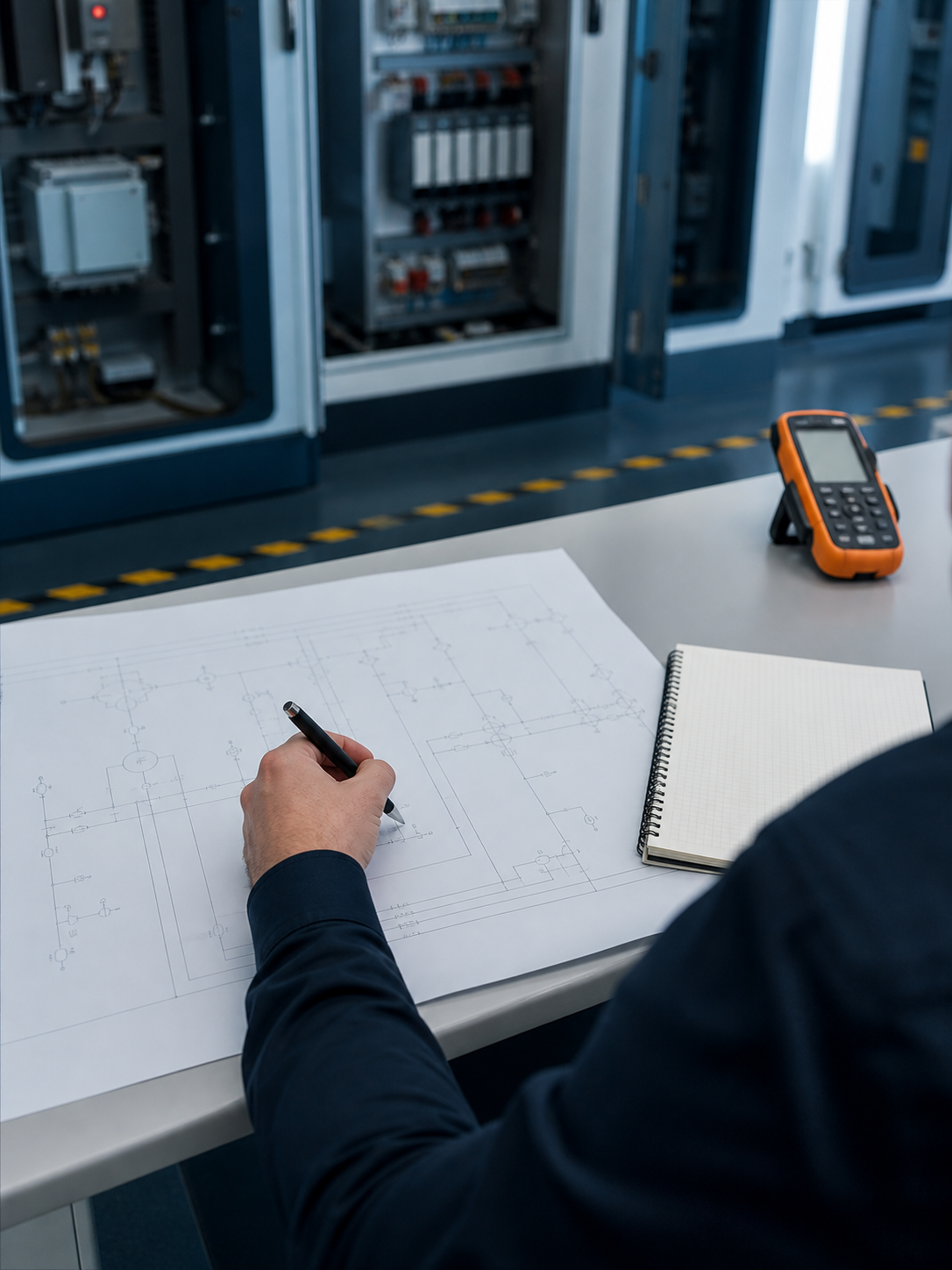 Engineer reviewing a single-line electrical drawing for a project inquiry